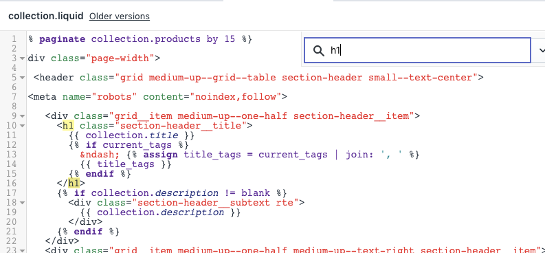 modifica del codice Shopify editor del tema del linguaggio per cambiare i tag dei titoli sulla pagina