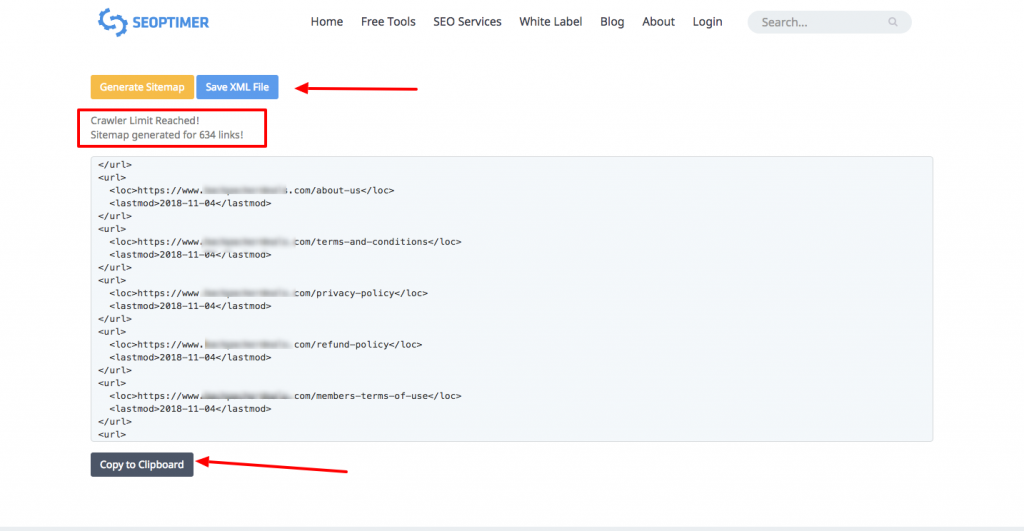 screenshot of seoptimer showing the sitemap has finished generating the xml and you can now either download the file or copy clipboard